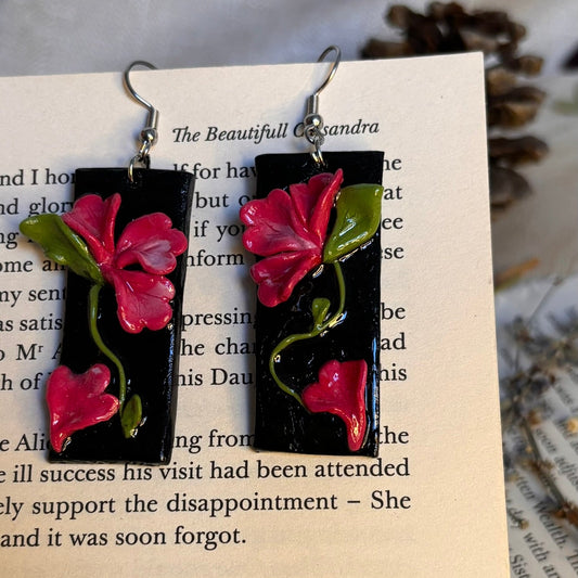 cercei floare lut polimeric handmade rosu verde negru
